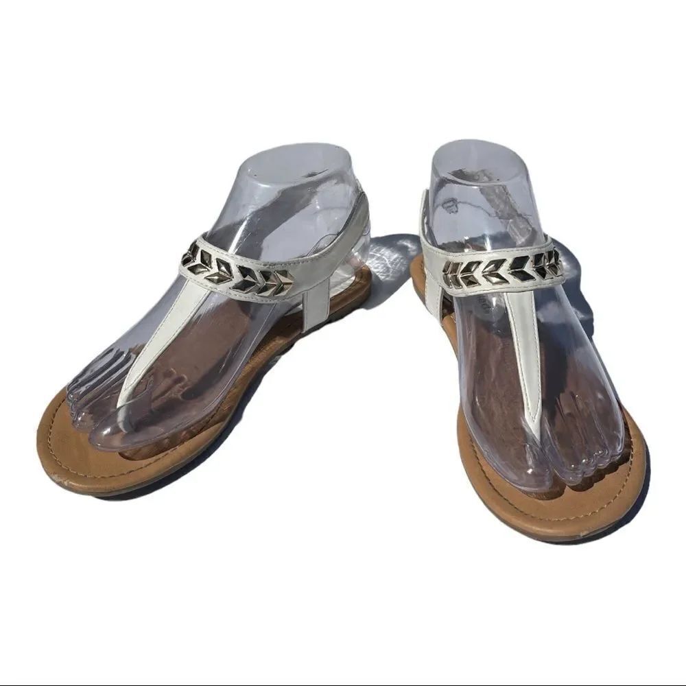 🔥4/$25 City Classified White & Gold Studded T-Straps Sandals, Size 5.5